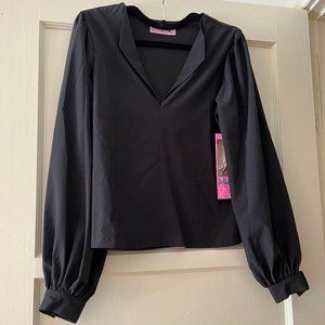 Bettie Page Black Samantha Bishop-Sleeve Notch Neck Top NWT